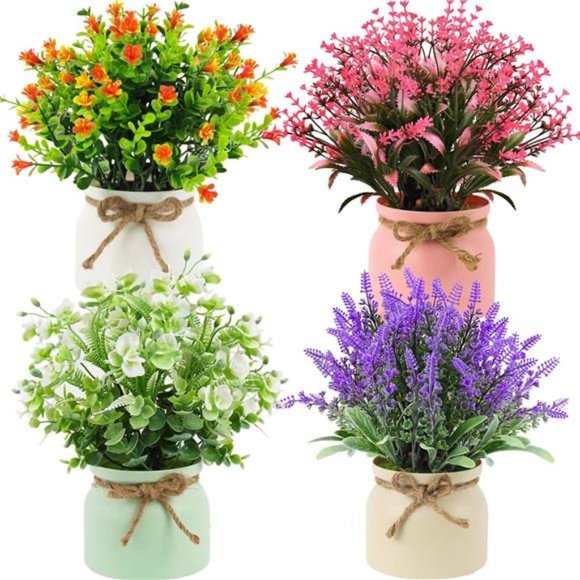 Fake Potted Plants - Set of 4 Artificial Potted Flowers Faux Plants Lavender - Picture 1 of 6